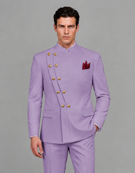 BOLODOO Men's Lilac Asymmetrical Mandarin Collar Tuxedo Suit – Modern 2-Piece Gold Button Wedding, Prom & Gala Set - Lilac - Lilac_01