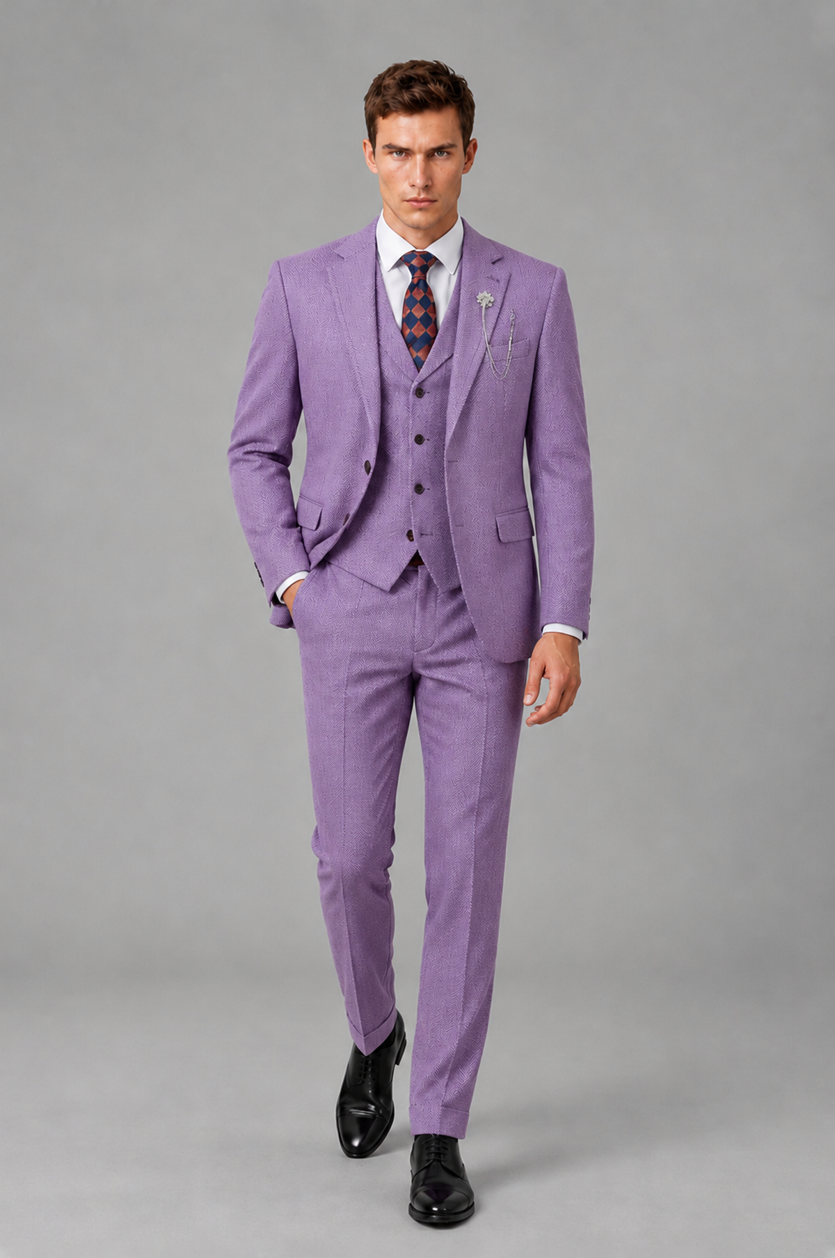Savile Men's Grey Notch Lapel 3-Piece Suit Set | Jacket, Vest & Trousers - Lilac - Lilac