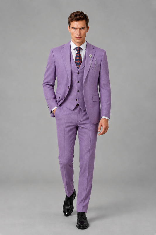 Savile Men's Grey Notch Lapel 3-Piece Suit Set | Jacket, Vest & Trousers - Lilac - Lilac