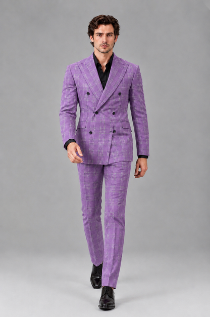 Savile Men's Rust Plaid 2-Piece Double-Breasted Suit – Peak Lapel Slim-Fit Jacket & Trousers Set - Lilac - Lilac