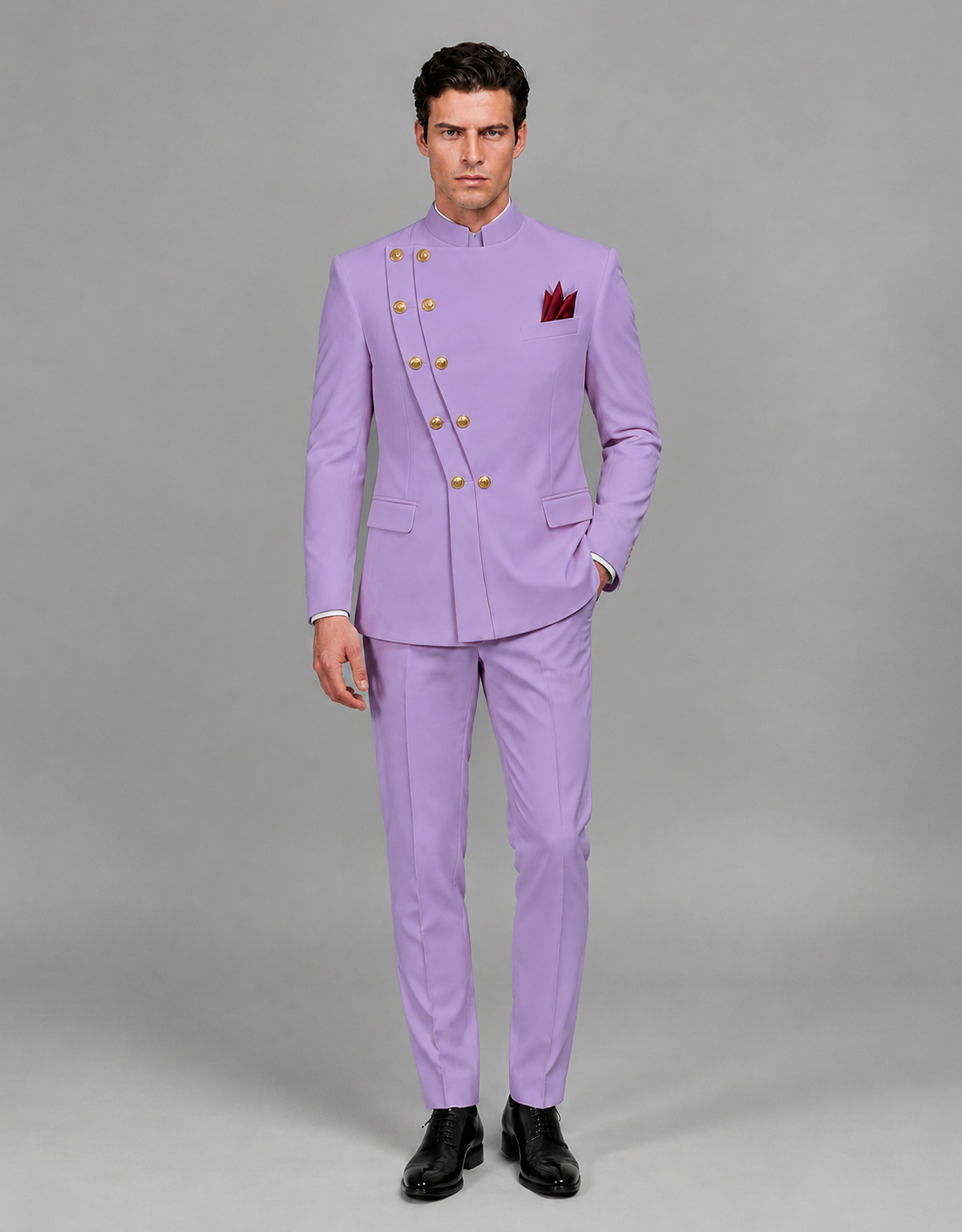 BOLODOO Men's Lilac Asymmetrical Mandarin Collar Tuxedo Suit – Modern 2-Piece Gold Button Wedding, Prom & Gala Set - Lilac - Lilac_02