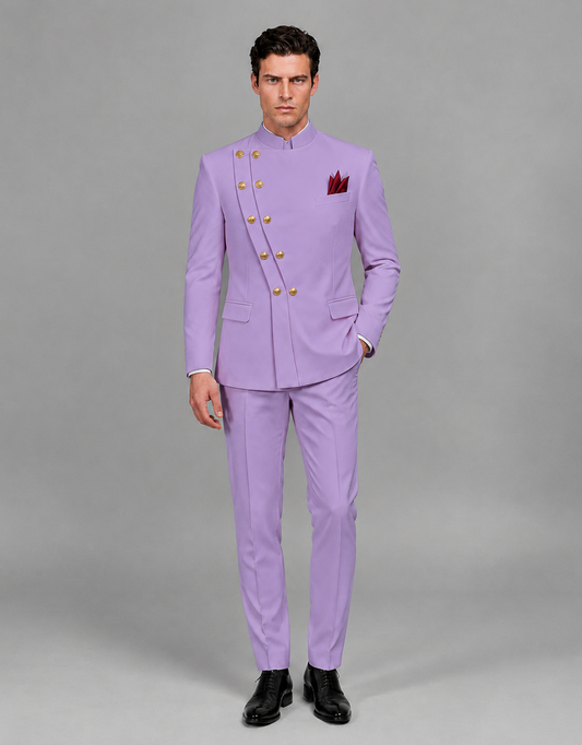 BOLODOO Men's Lilac Asymmetrical Mandarin Collar Tuxedo Suit – Modern 2-Piece Gold Button Wedding, Prom & Gala Set - Lilac - Lilac_02