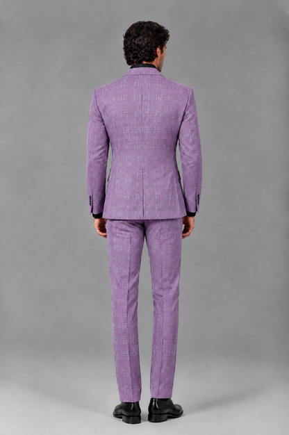 Savile Men's Rust Plaid 2-Piece Double-Breasted Suit – Peak Lapel Slim-Fit Jacket & Trousers Set - Lilac - Lilac