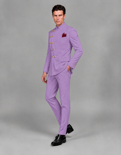 BOLODOO Men's Lilac Asymmetrical Mandarin Collar Tuxedo Suit – Modern 2-Piece Gold Button Wedding, Prom & Gala Set - Lilac - Lilac_04
