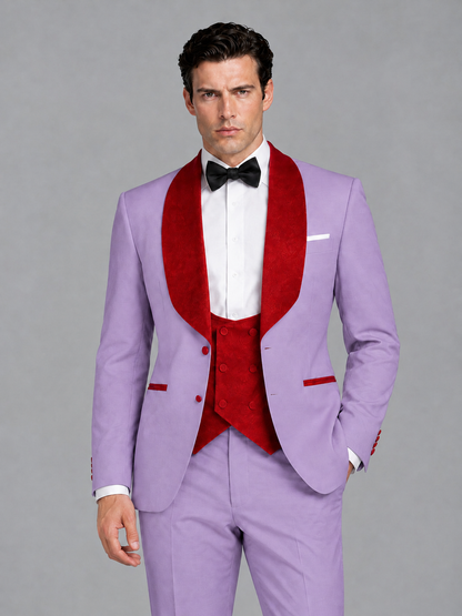 Savile Men's Lilac 3-Piece Tuxedo Suit Set – Contrast Red Shawl Lapel Blazer, Red Waistcoat & Trousers - SUC020 - Lilac