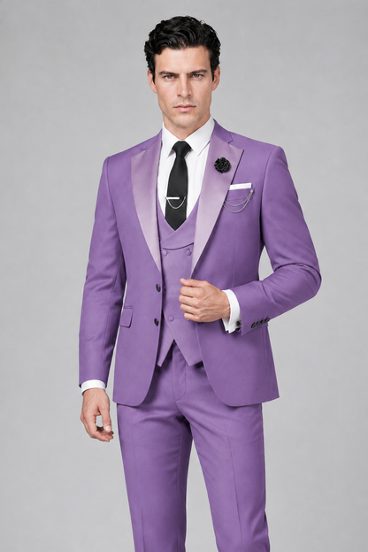 Savile Men's Lilac 3-Piece Tuxedo Suit – Contrast Silver Peak Lapel & Grey Vest Formal Set - Lilac - Lilac_1