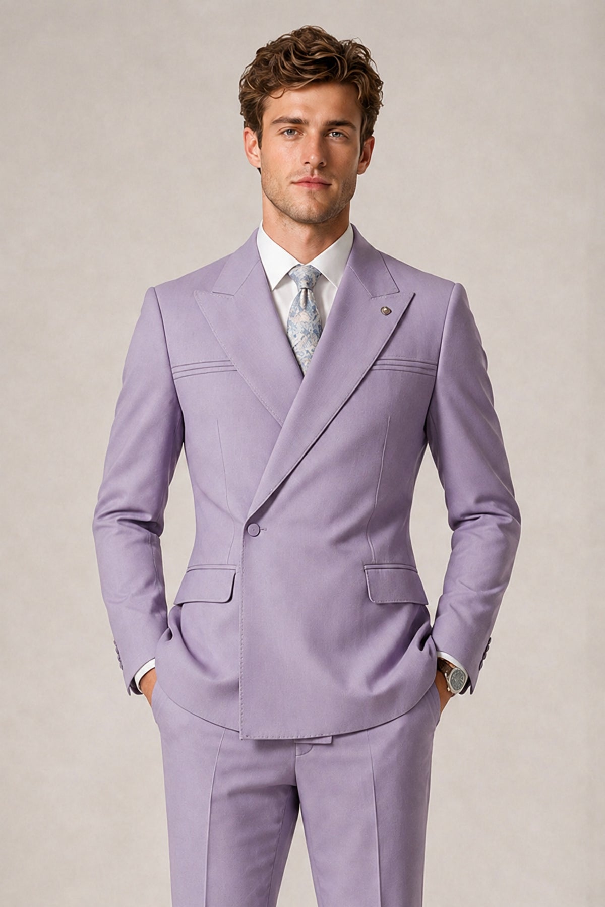 Savile Men's Lilac Double-Breasted Slim Fit 2-Piece Suit Set – Peak Lapel Blazer & Cuffed Trousers | Wedding Prom Formal - Lilac