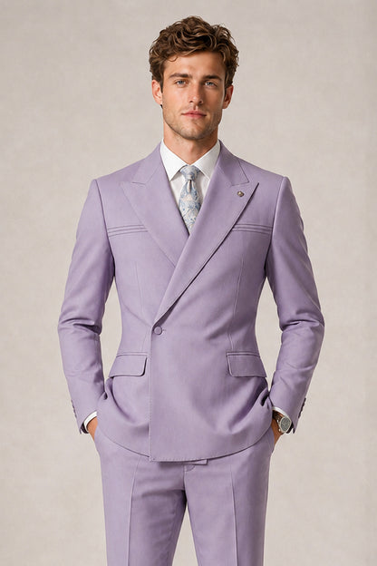 Savile Men's Lilac Double-Breasted Slim Fit 2-Piece Suit Set – Peak Lapel Blazer & Cuffed Trousers | Wedding Prom Formal - Lilac