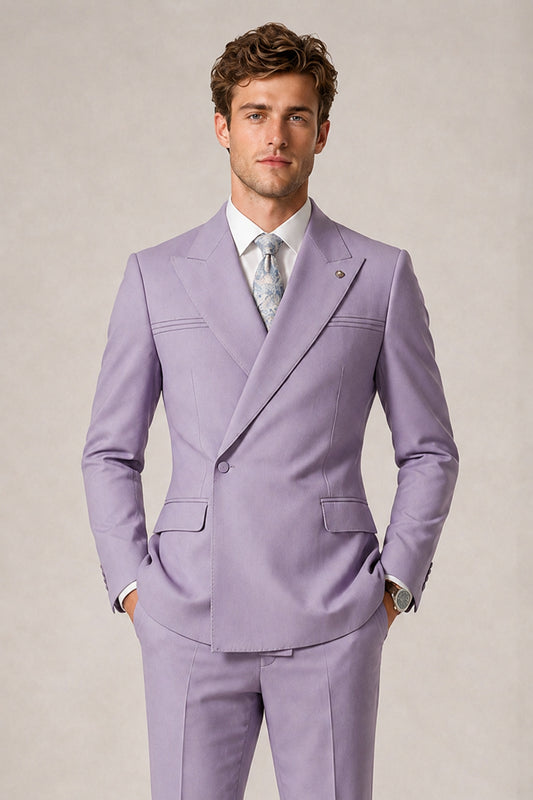 Savile Men's Lilac Double-Breasted Slim Fit 2-Piece Suit Set – Peak Lapel Blazer & Cuffed Trousers | Wedding Prom Formal - Lilac