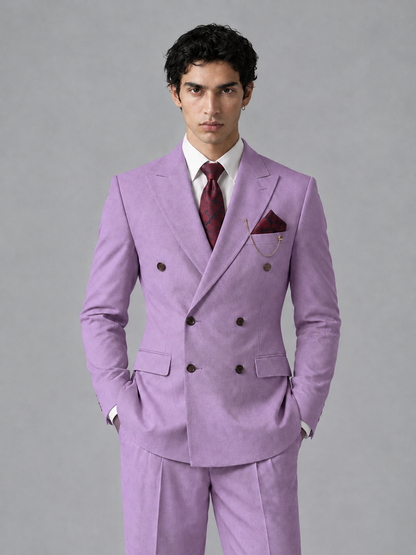 Savile Men's Lilac Double-Breasted 2-Piece Suit Set – Peak Lapel Blazer & Pleated Wide-Leg Trousers - Lilac - Lilac_1