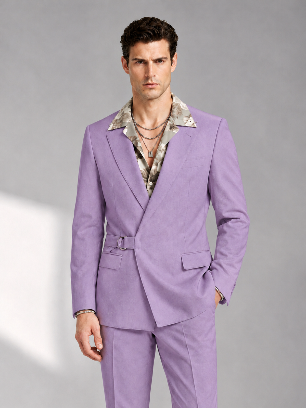Savile Men's Lilac Belted Wrap 2-Piece Suit – Peak Lapel Blazer & Tailored Trousers - SUC060 - Lilac - Lilac_1