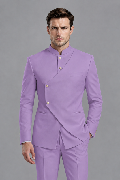 Savile Men's Lilac Asymmetrical Mandarin Collar Tuxedo Suit – Modern 2-Piece Gold Button Wedding, Prom & Gala Set - Lilac - Lilac_1