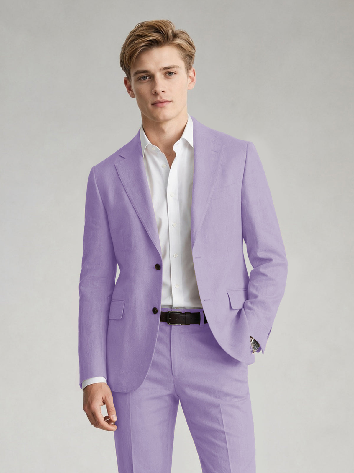 Savile Men's Sand Khaki Linen-Blend 2-Piece Suit Set – Two-Button Notch Lapel Slim-Fit Blazer & Slim Trousers - Lilac - Lilac
