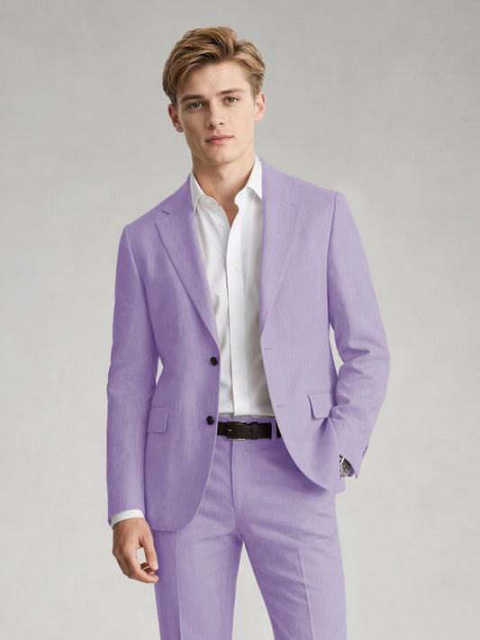 Savile Men's Sand Khaki Linen-Blend 2-Piece Suit Set – Two-Button Notch Lapel Slim-Fit Blazer & Slim Trousers - Lilac - Lilac