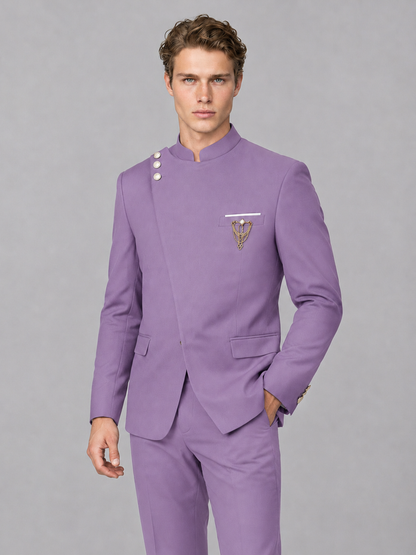 Savile Men's Lilac Mandarin Collar Asymmetrical 2-Piece Suit Set – Modern Jacket & Trousers - Lilac - Lilac_1