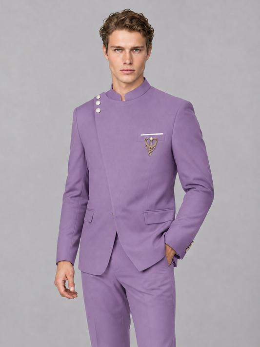 Savile Men's Lilac Mandarin Collar Asymmetrical 2-Piece Suit Set – Modern Jacket & Trousers - Lilac - Lilac_1