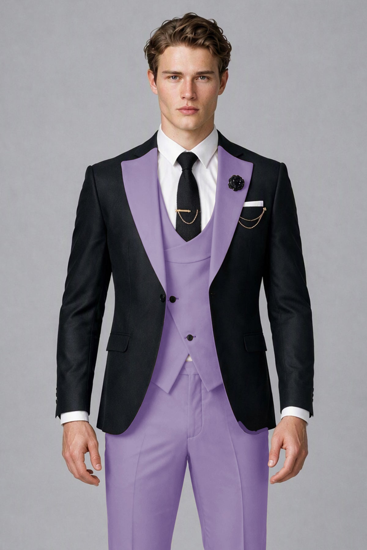 Savile Men's Black & Lilac Three-Piece Wedding Suit - Lilac