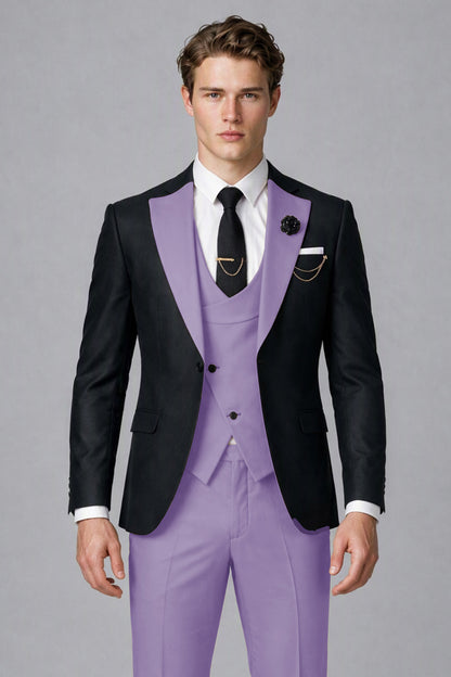Savile Men's Black & Lilac Three-Piece Wedding Suit - Lilac