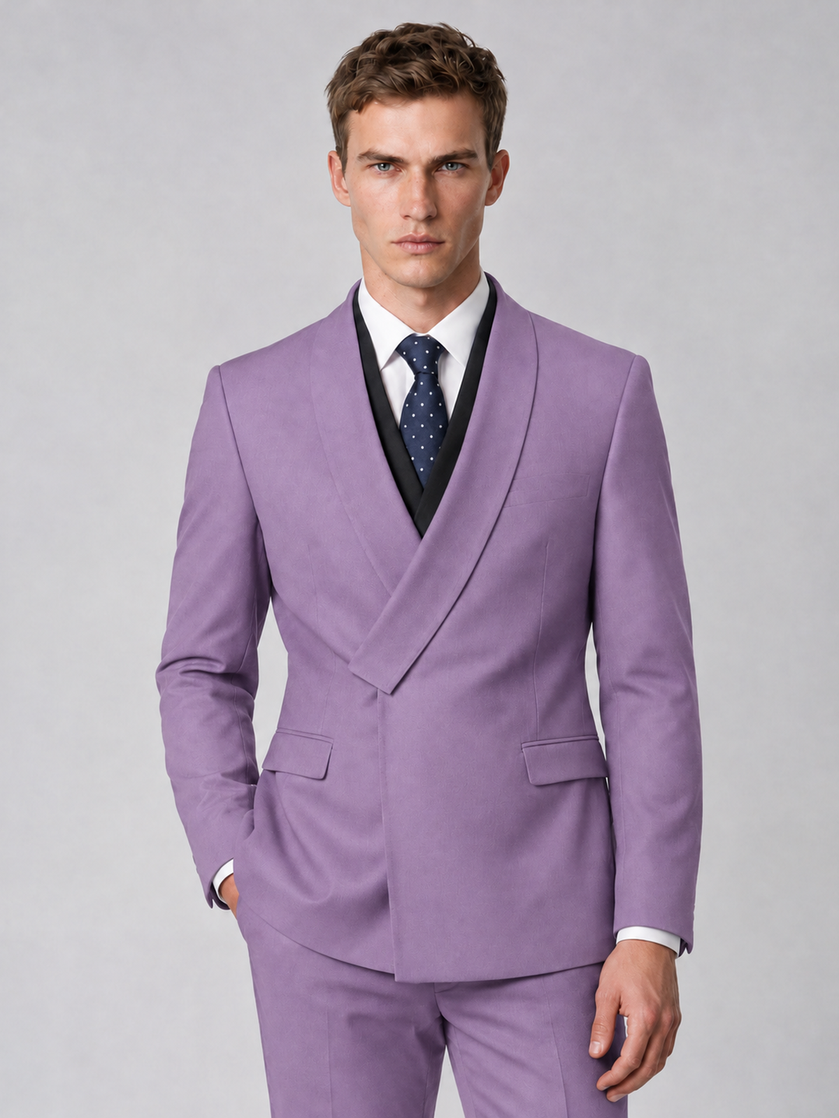 Savile Men's Lilac Wrap Shawl Lapel 2-Piece Suit Set – Modern Jacket & Trousers - Lilac - Lilac_1