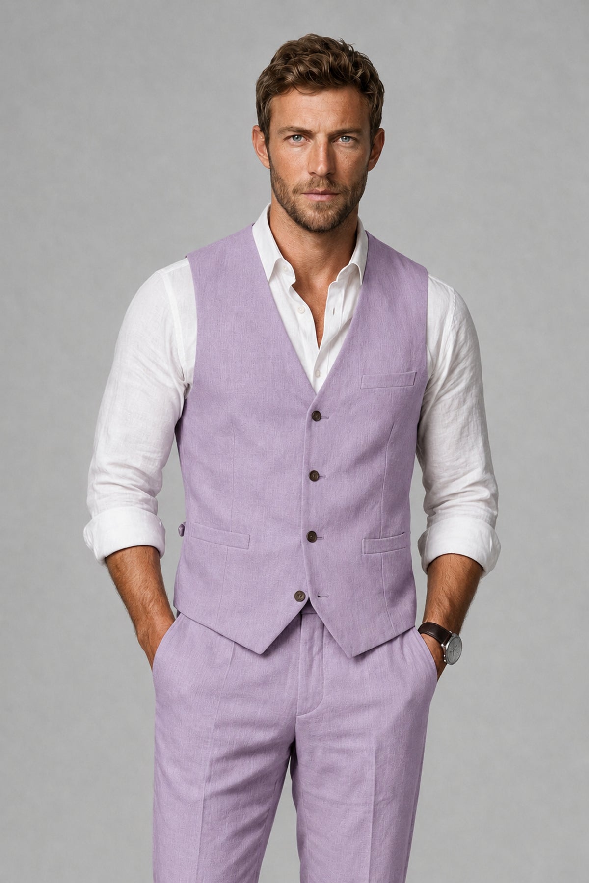 Men's Lilac Linen Blend Single-Breasted V-Neck Suit Vest | Savile QX0101 - Lilac
