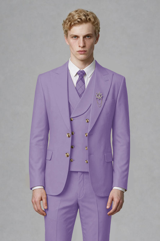 Savile Men's Lilac Three-Piece Wedding Suit with Double-Breasted Waistcoat - Lilac