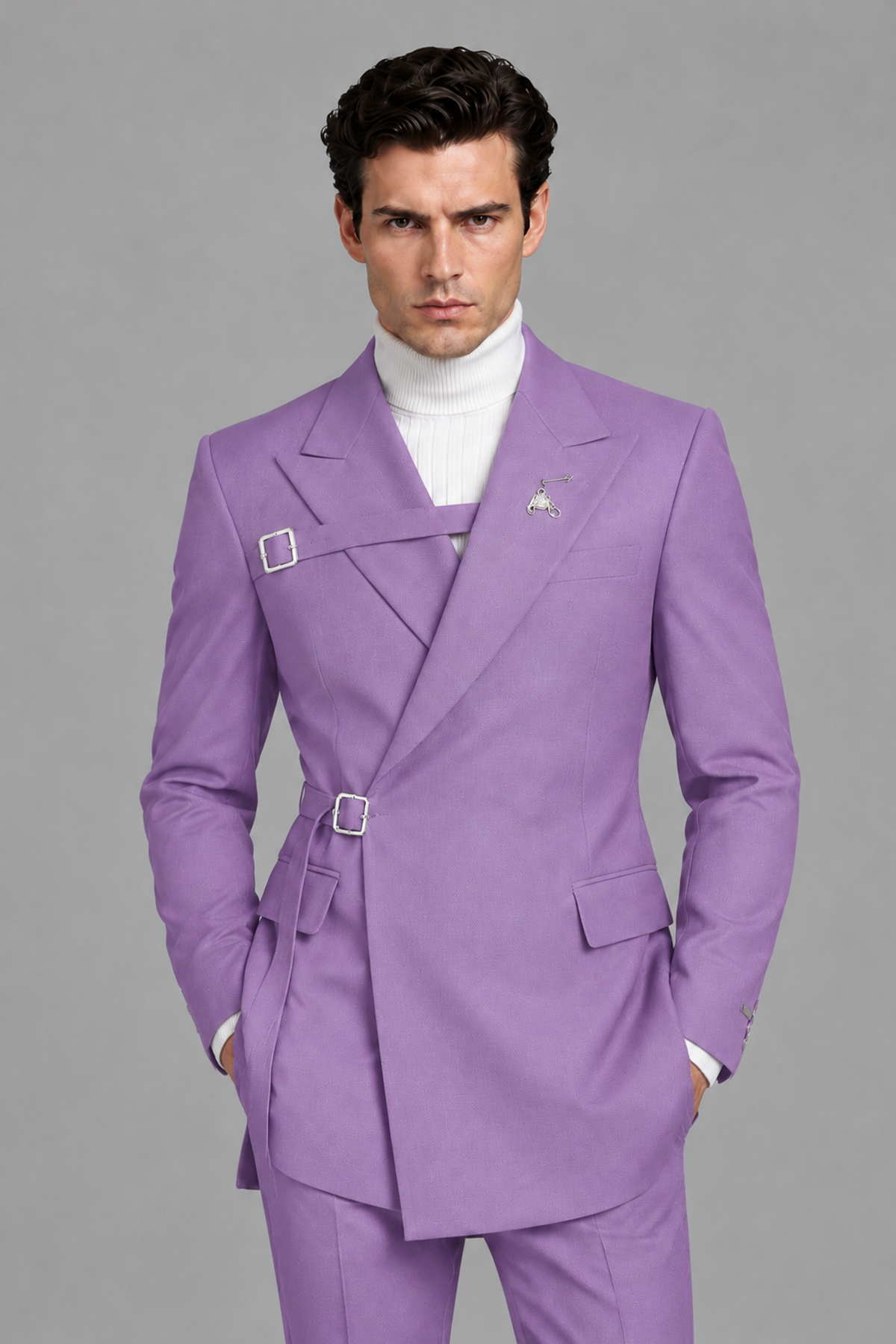 Savile Men's Lilac Double Buckle Wrap Belted 2-Piece Suit Set – Peak Lapel Slim-Fit Jacket & Trousers - Lilac - Lilac_1
