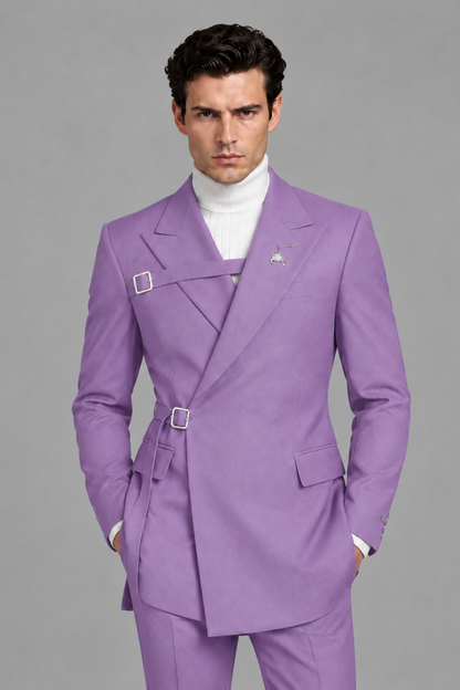 Savile Men's Lilac Double Buckle Wrap Belted 2-Piece Suit Set – Peak Lapel Slim-Fit Jacket & Trousers - Lilac - Lilac_1