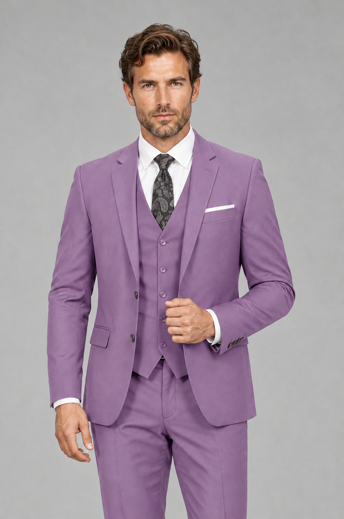 Savile Men's Lilac 3-Piece Suit Set – Notch Lapel Blazer, Vest & Trousers - Lilac - Lilac_1