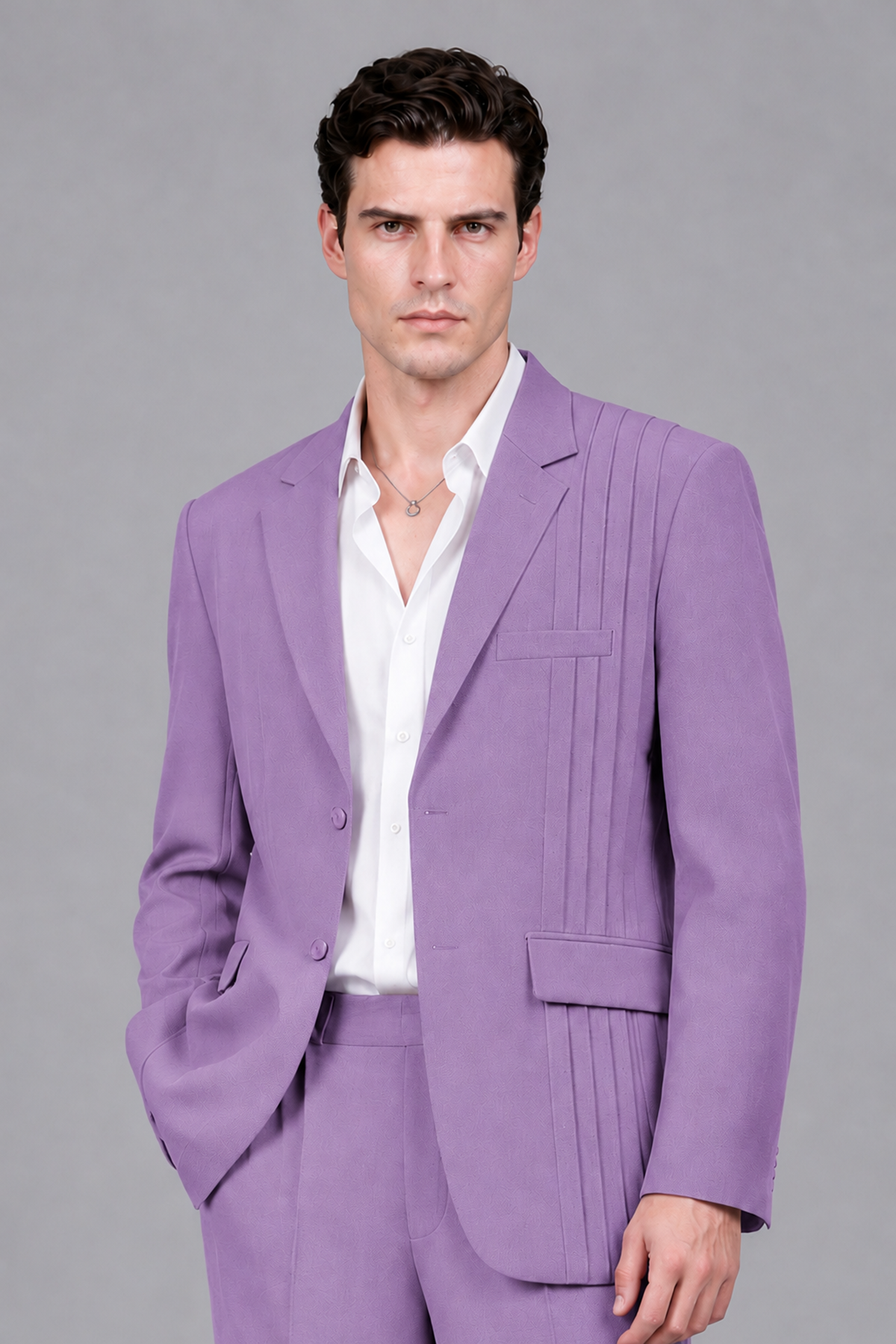 Savile Men's Lilac Pleated 2-Piece Suit Set | Notch Lapel Blazer & Tailored Trousers - Lilac - Lilac_1