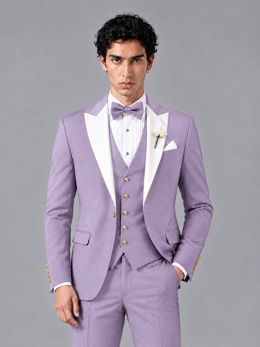 Savile Men's Lilac Contrast White Peak Lapel 3-Piece Tuxedo Suit - Lilac