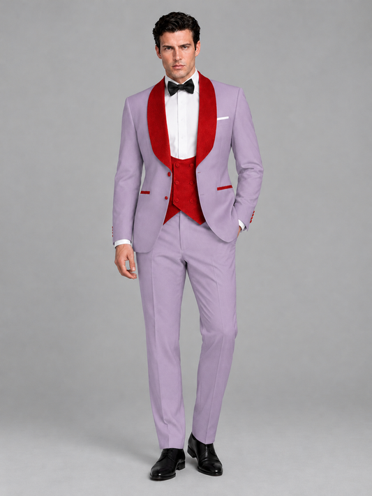 Savile Men's Lilac 3-Piece Tuxedo Suit Set – Contrast Red Shawl Lapel Blazer, Red Waistcoat & Trousers - SUC020 - Lilac