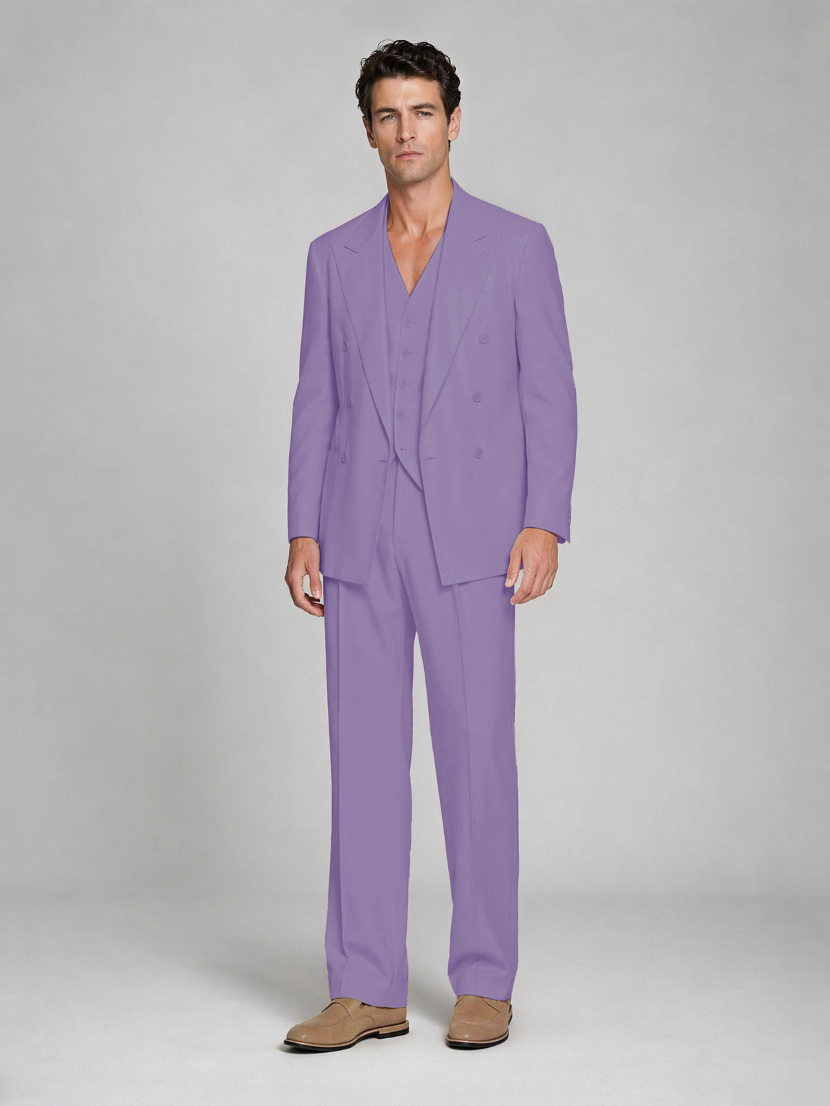 Men's Lilac Double-Breasted 2-Piece Suit – Peak Lapel Wedding & Beach Formal Set with Vest - Lilac