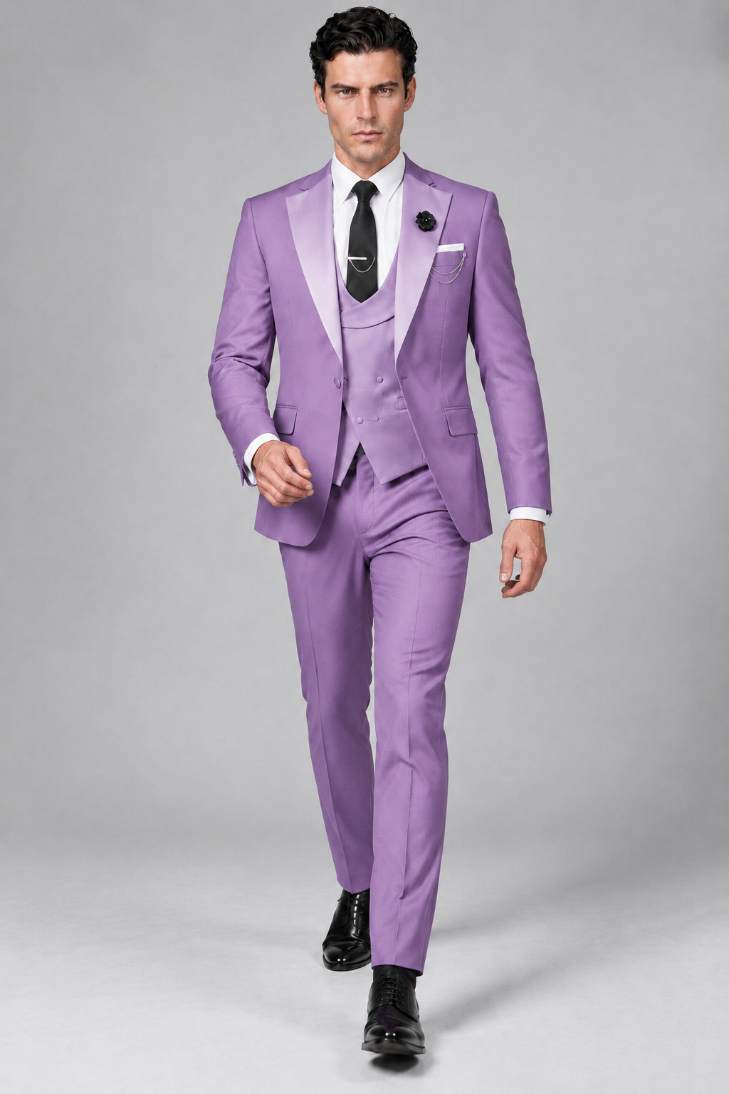 Savile Men's Lilac 3-Piece Tuxedo Suit – Contrast Silver Peak Lapel & Grey Vest Formal Set - Lilac - Lilac_2