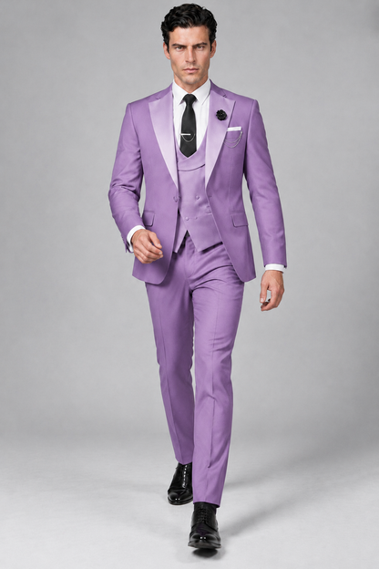 Savile Men's Lilac 3-Piece Tuxedo Suit – Contrast Silver Peak Lapel & Grey Vest Formal Set - Lilac - Lilac_2