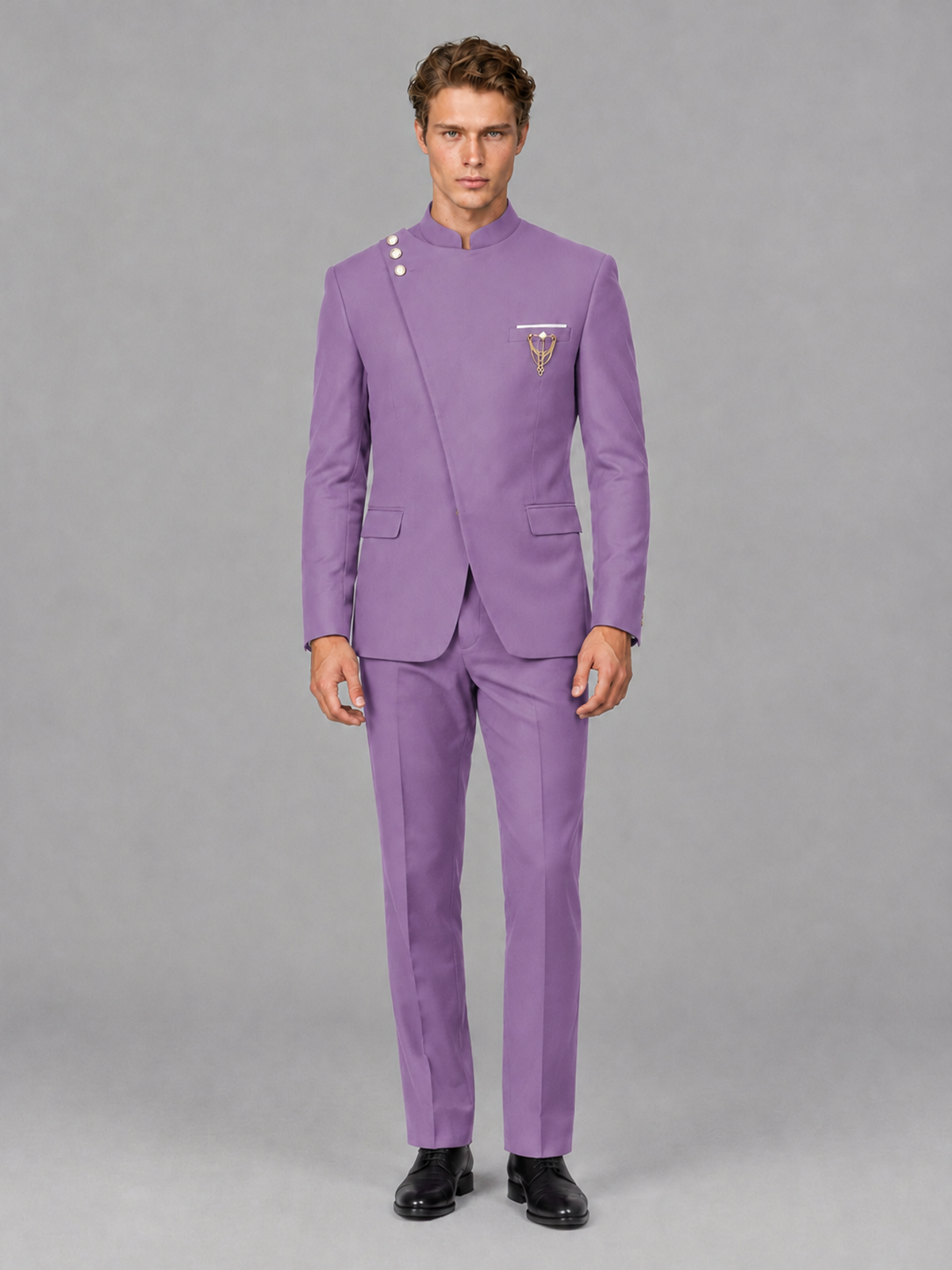 Savile Men's Lilac Mandarin Collar Asymmetrical 2-Piece Suit Set – Modern Jacket & Trousers - Lilac - Lilac_2