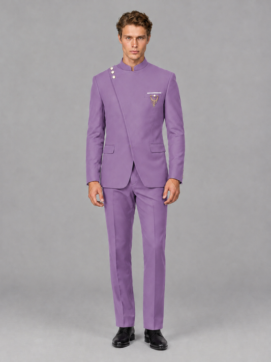 Savile Men's Lilac Mandarin Collar Asymmetrical 2-Piece Suit Set – Modern Jacket & Trousers - Lilac - Lilac_2