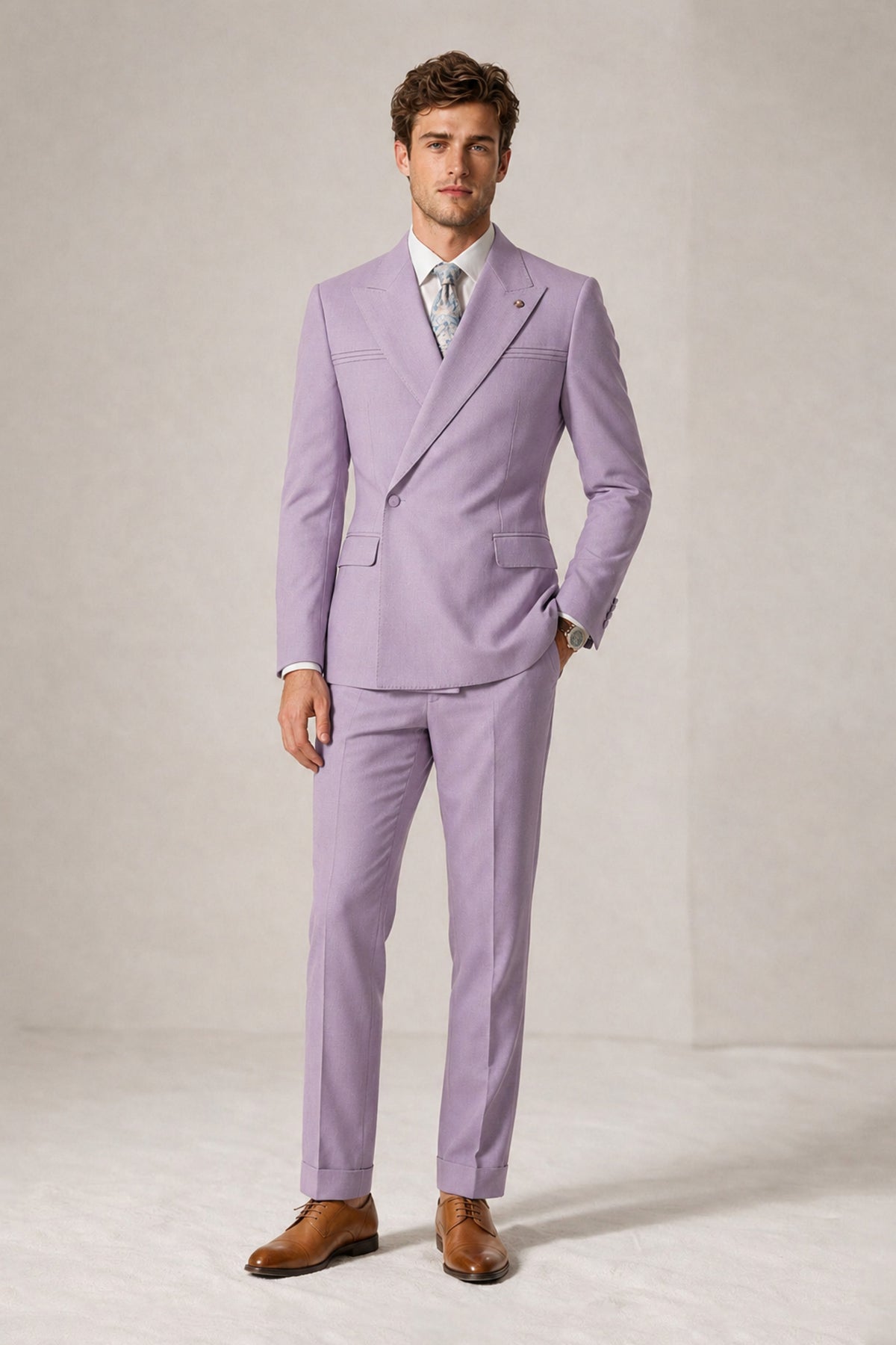 Savile Men's Lilac Double-Breasted Slim Fit 2-Piece Suit Set – Peak Lapel Blazer & Cuffed Trousers | Wedding Prom Formal - Lilac