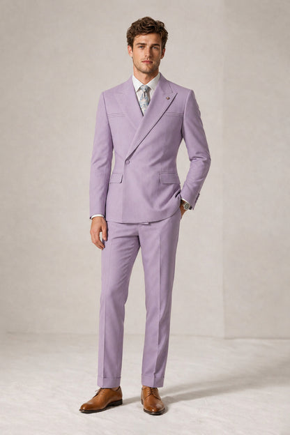 Savile Men's Lilac Double-Breasted Slim Fit 2-Piece Suit Set – Peak Lapel Blazer & Cuffed Trousers | Wedding Prom Formal - Lilac