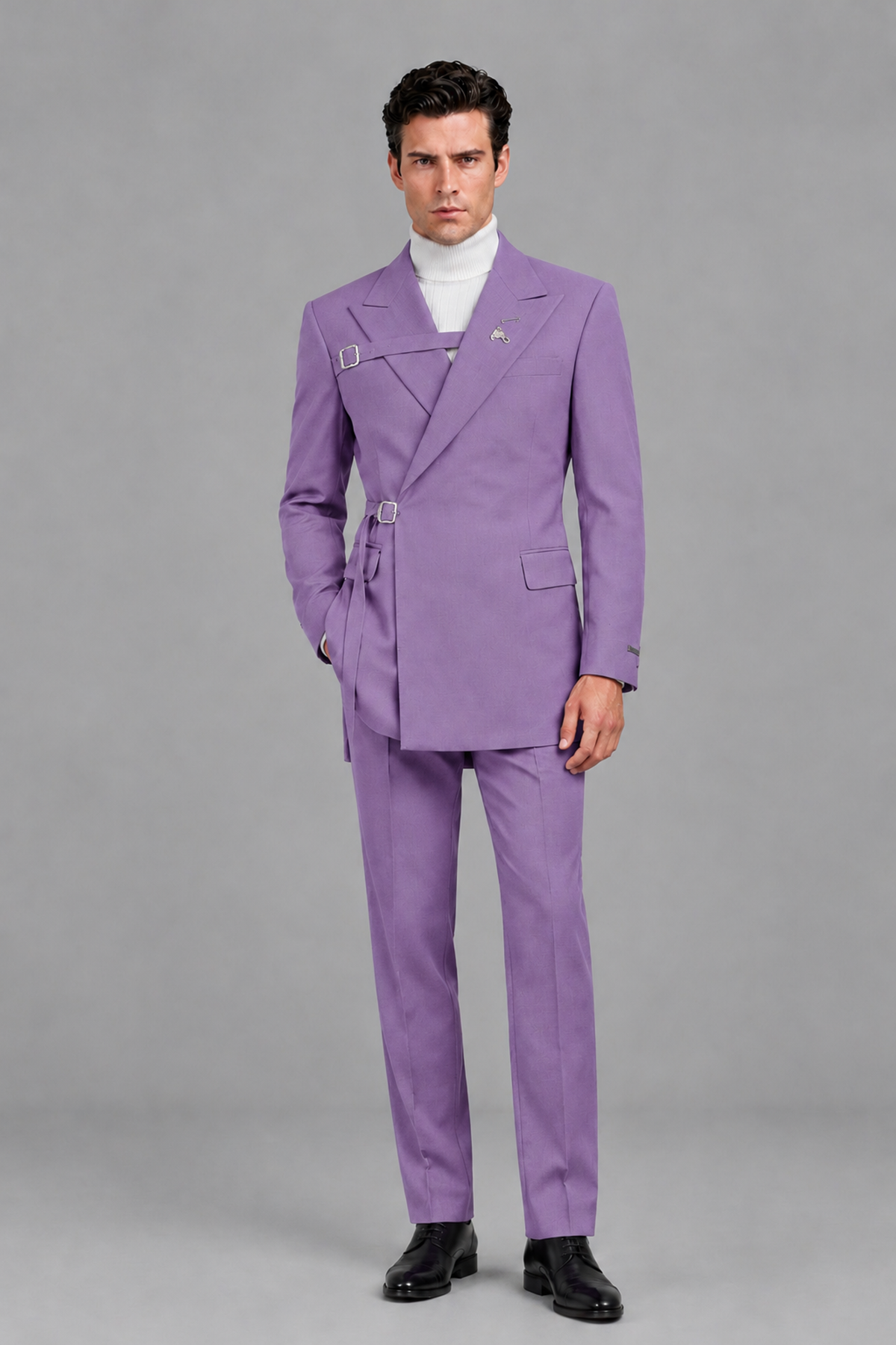 Savile Men's Lilac Double Buckle Wrap Belted 2-Piece Suit Set – Peak Lapel Slim-Fit Jacket & Trousers - Lilac - Lilac_2