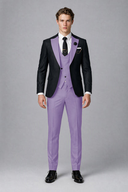 Savile Men's Black & Lilac Three-Piece Wedding Suit - Lilac