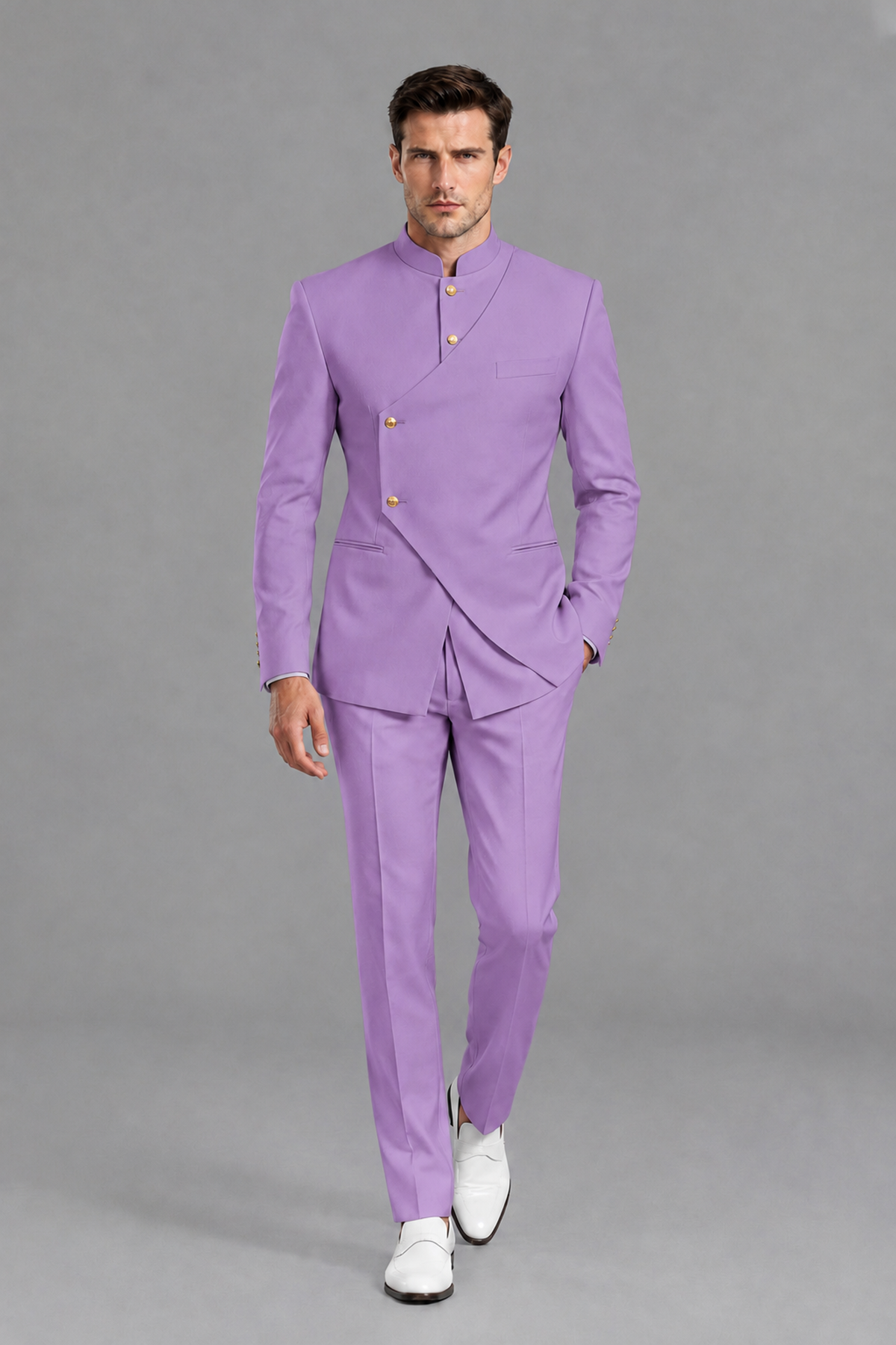Savile Men's Lilac Asymmetrical Mandarin Collar Tuxedo Suit – Modern 2-Piece Gold Button Wedding, Prom & Gala Set - Lilac - Lilac_2