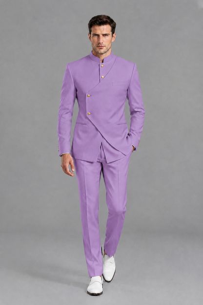 Savile Men's Lilac Asymmetrical Mandarin Collar Tuxedo Suit – Modern 2-Piece Gold Button Wedding, Prom & Gala Set - Lilac - Lilac_2