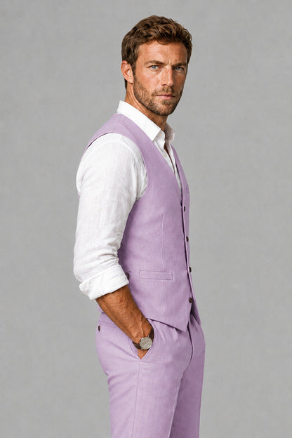 Men's Lilac Linen Blend Single-Breasted V-Neck Suit Vest | Savile QX0101 - Lilac