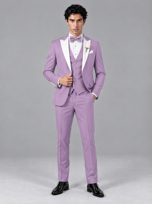 Savile Men's Lilac Contrast White Peak Lapel 3-Piece Tuxedo Suit - Lilac