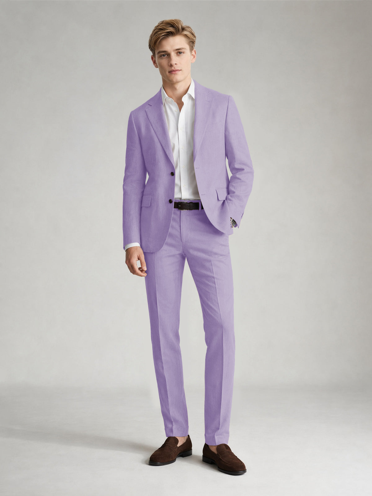 Savile Men's Sand Khaki Linen-Blend 2-Piece Suit Set – Two-Button Notch Lapel Slim-Fit Blazer & Slim Trousers - Lilac - Lilac