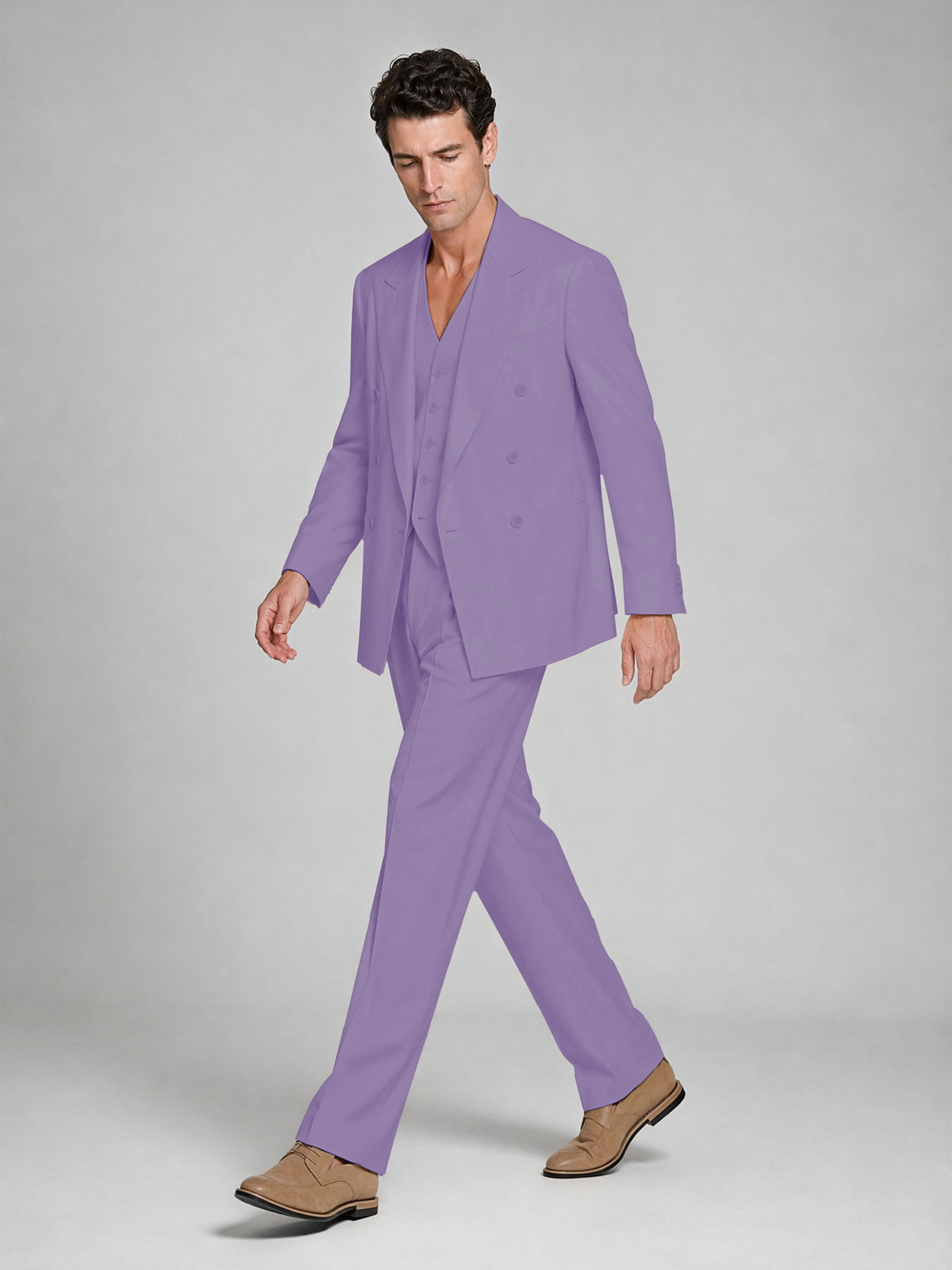 Men's Lilac Double-Breasted 2-Piece Suit – Peak Lapel Wedding & Beach Formal Set with Vest - Lilac