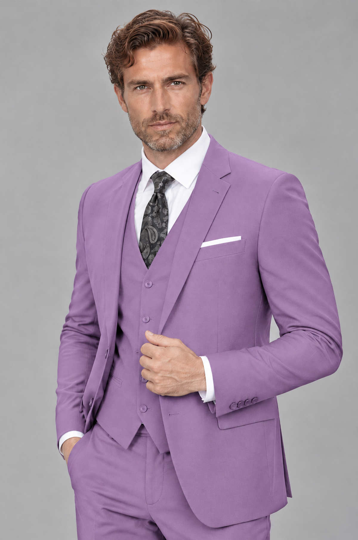 Savile Men's Lilac 3-Piece Suit Set – Notch Lapel Blazer, Vest & Trousers - Lilac - Lilac_3