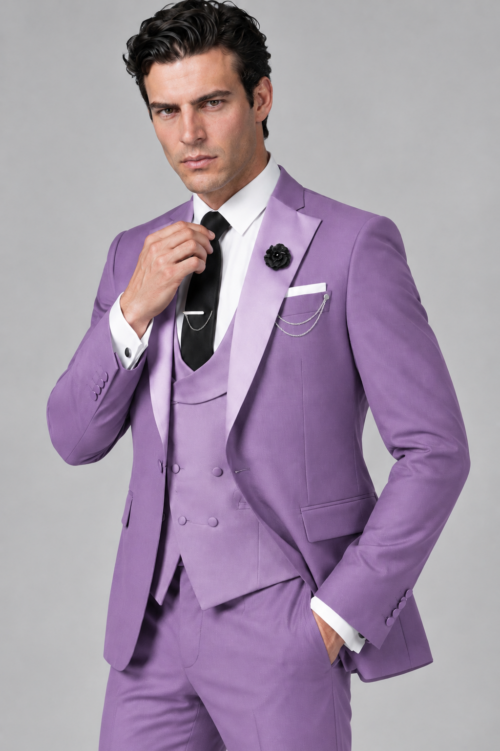 Savile Men's Lilac 3-Piece Tuxedo Suit – Contrast Silver Peak Lapel & Grey Vest Formal Set - Lilac - Lilac_3