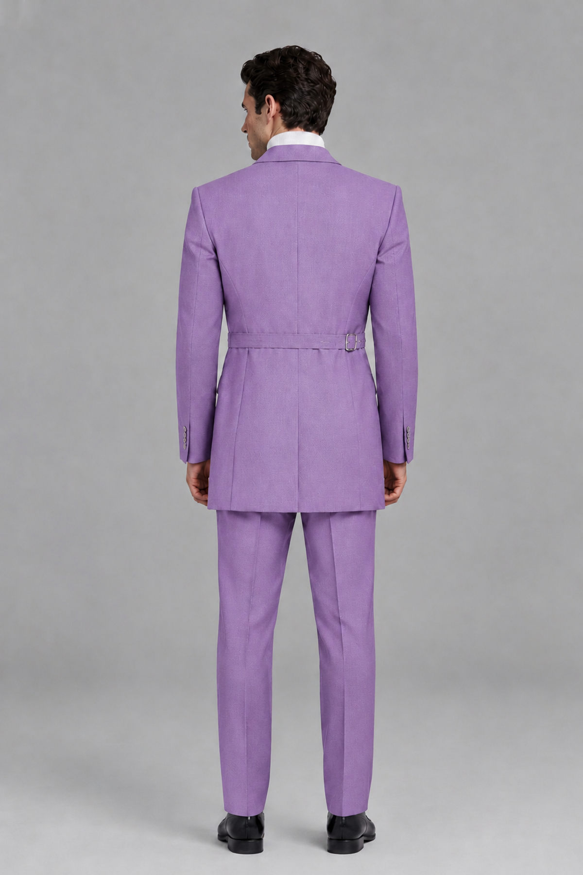 Savile Men's Lilac Double Buckle Wrap Belted 2-Piece Suit Set – Peak Lapel Slim-Fit Jacket & Trousers - Lilac - Lilac_3