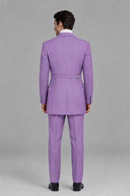 Savile Men's Lilac Double Buckle Wrap Belted 2-Piece Suit Set – Peak Lapel Slim-Fit Jacket & Trousers - Lilac - Lilac_3